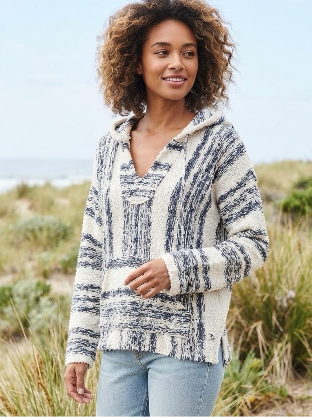 Rip Curl Cream and Blue Striped Hooded V-Neck Pullover
